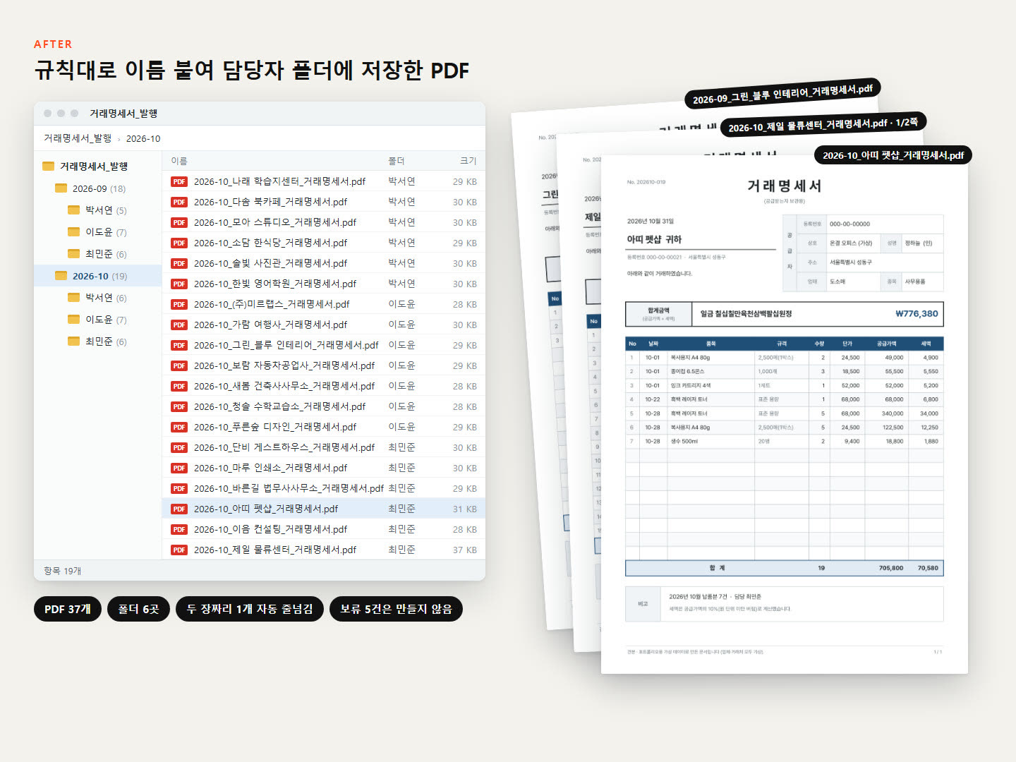 엑셀 목록으로 거래명세서 PDF 수십 장을 한 번에 발행. 가상의 업체로 만든 예시입니다.